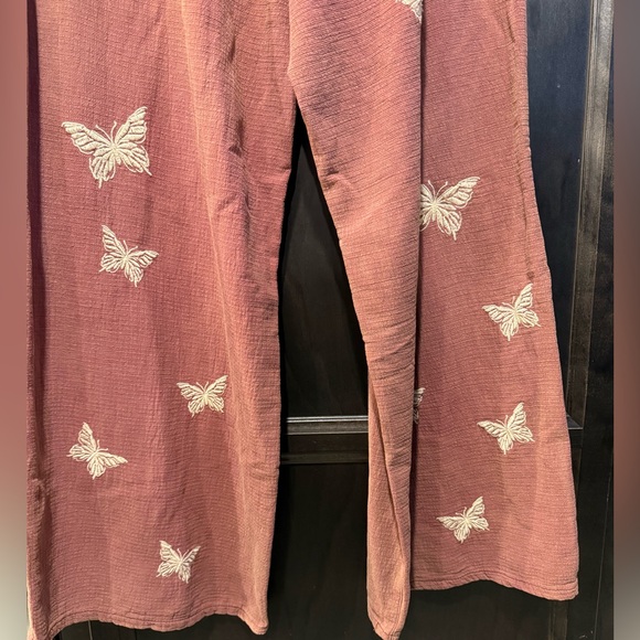 NWOT POL cottagecore bohemian butterfly embroidered Rust Button-Front Pants M - Picture 4 of 8